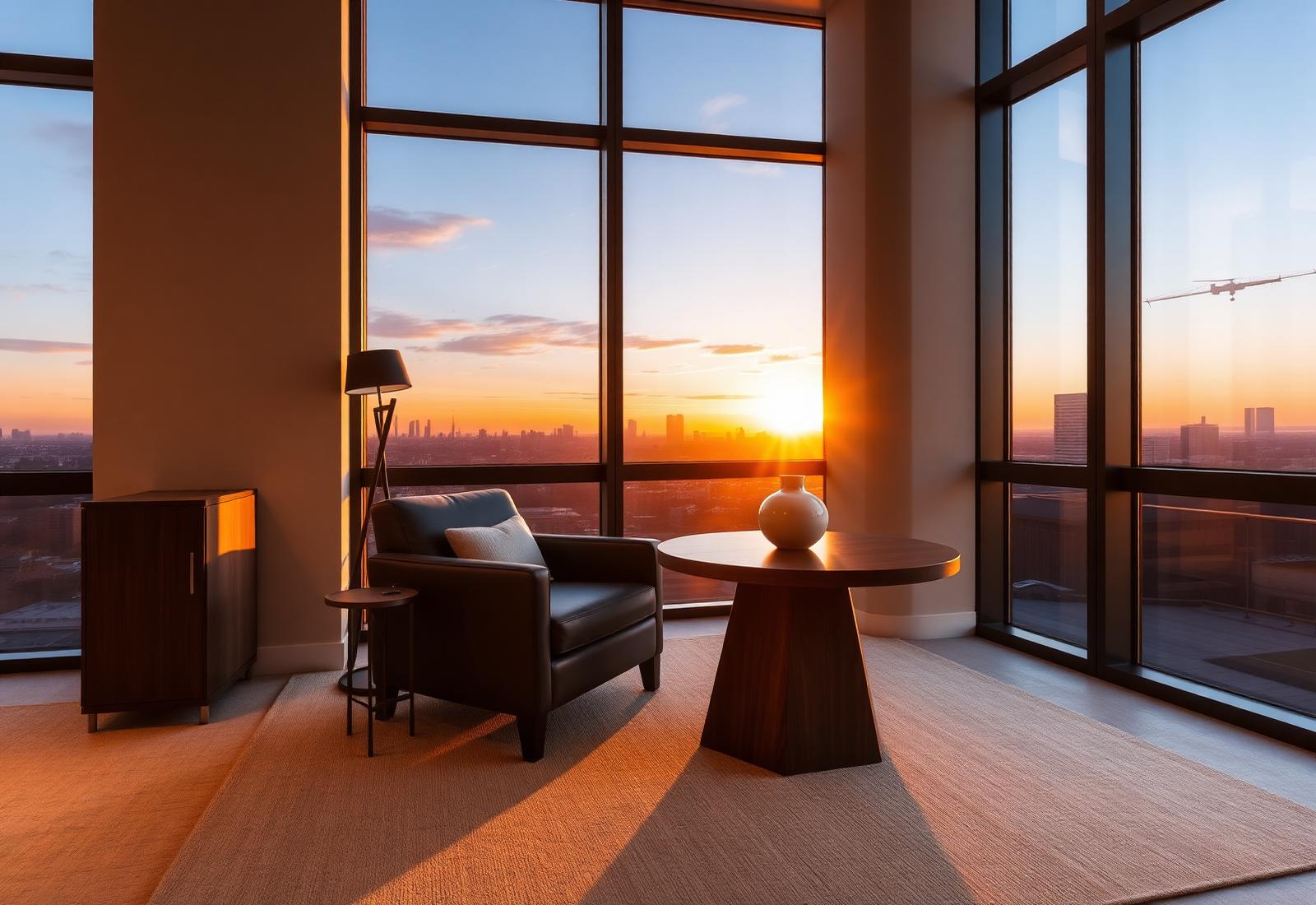 Elegant office with city view at golden hour